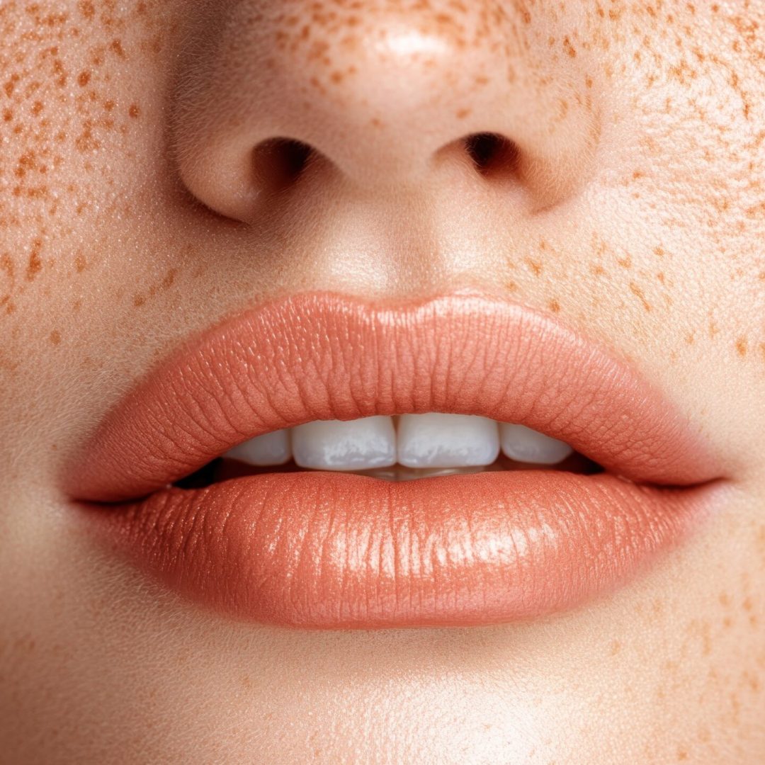 Closeup of woman’s freckled face with nude lipstick. Closeup of woman's freckled face with nude lipstick.