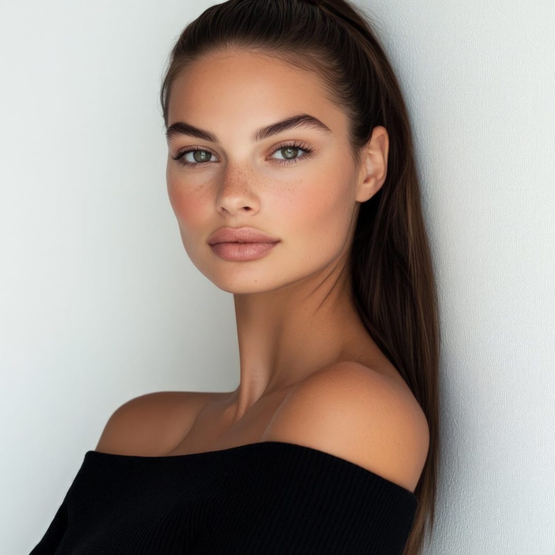 Elegant European Woman with Sleek High Ponytail Against White Background This image features an elegant European woman with a sleek high ponytail, showcasing her natural beauty and confident expression against a clean white background.