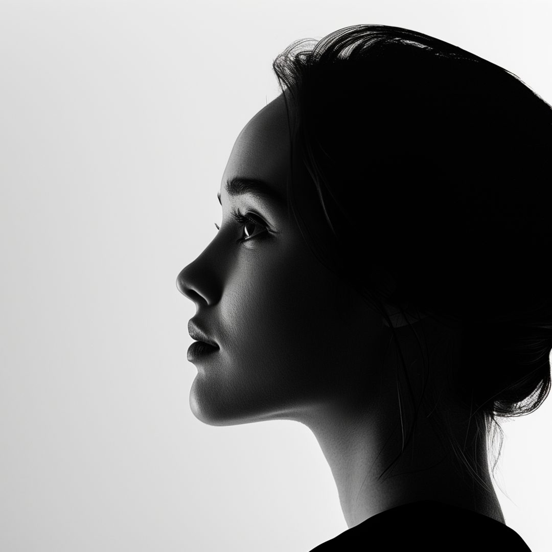 Black and white photo of side profile portrait of a woman, seamless white background, high contrast Black and white photo of side profile portrait of a woman, seamless white background, high contrast